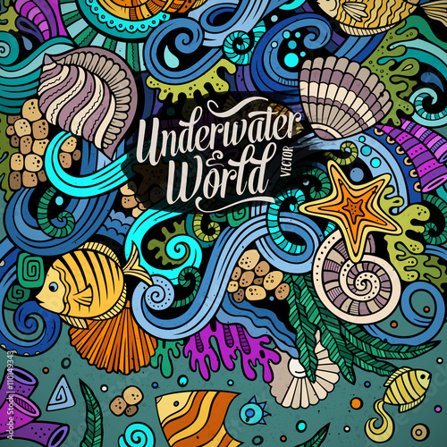 Cartoon hand-drawn doodles Underwater life illustration