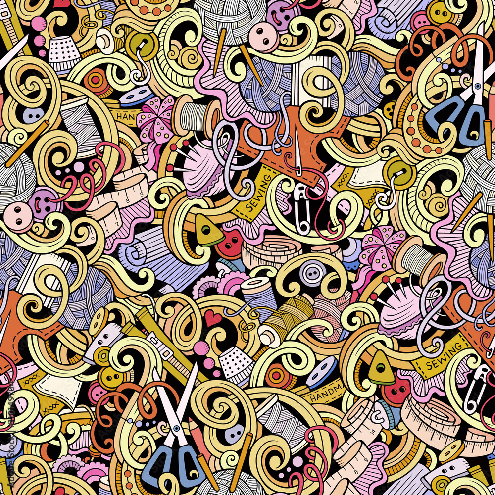 Fototapeta Cartoon handmade and sewing doodles seamless pattern