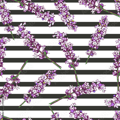 Vector seamless pattern of lavender blossom isolated on black strips. Hand drawn floral and geomrtric. Use for backgrounds, wrapping papper, wallpapper, print for greeting card, invitations, wedding.