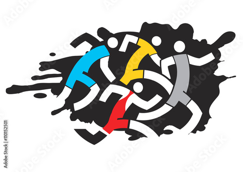 Runners competition.
Colorful stylized illustration of race runners on the black grunge background. Vector available. 
