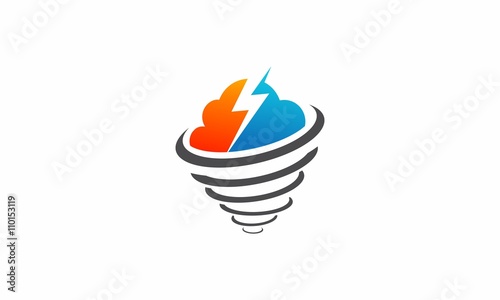 weather clouds, lightning and tornado logo