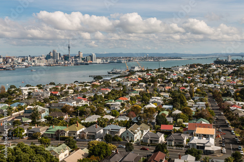 aerial view of Devonport with Auckland skyline in background