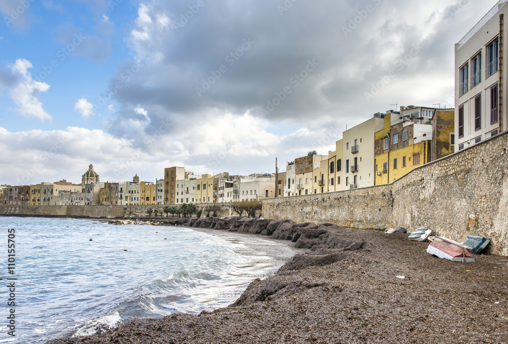 Panoramic view of the Trapani harbor with fisherman boats, Sicily, Italy.