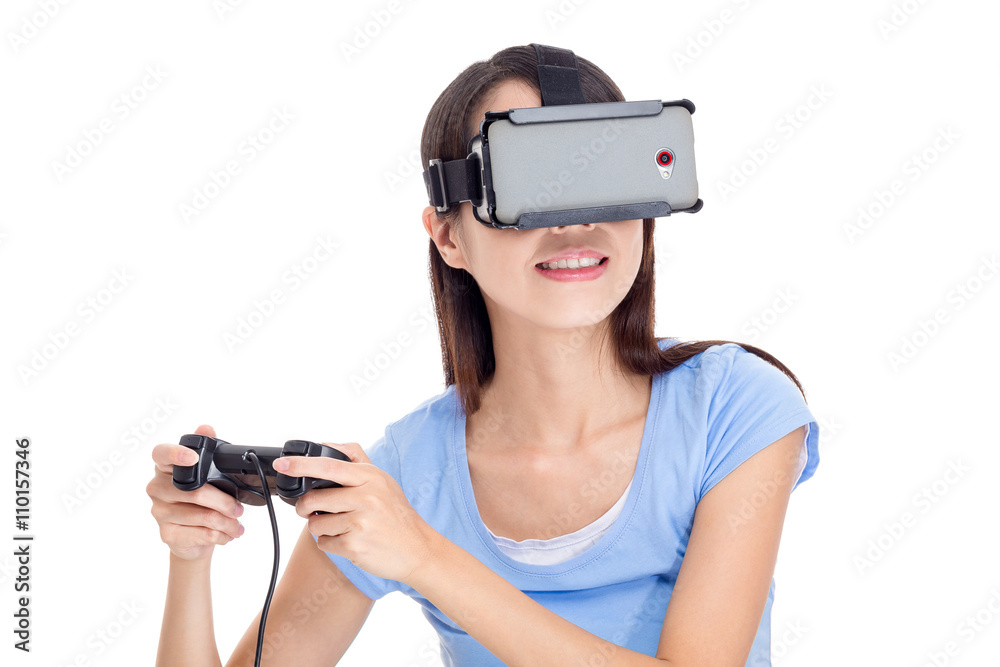 Woman play tv game with virtual reality device Woman play tv game with virtual reality device