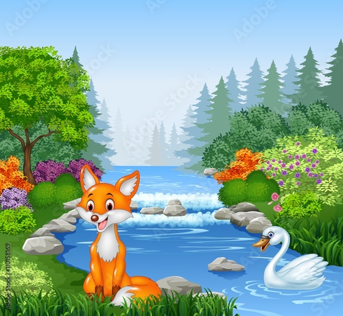Cartoon fox and swan with Beautiful river in forest