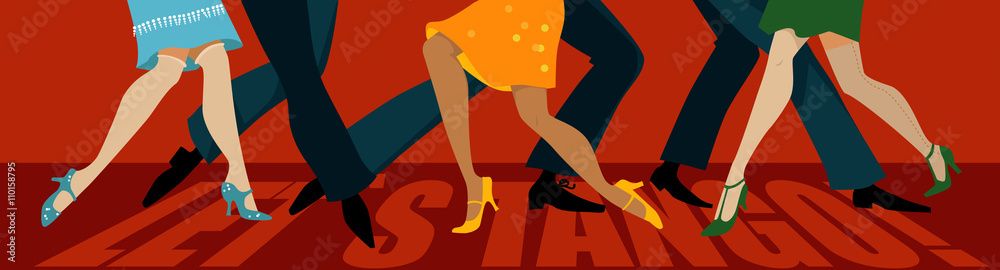 Let's tango banner with legs of three couple dancing tango, EPS vector illustration, no transparencies  - obrazy, fototapety, plakaty 