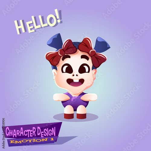 Happy smiling little Kid with pigtails and bows. Joyful Tot isolated vector illustration.