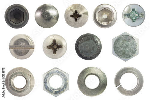 screw, bolt, stud, nut, washer and spring washer isolate on white with clipping path photo