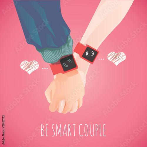 Two hands with a smart watch displaying a heart. Concept of connecting people.Flat illustration