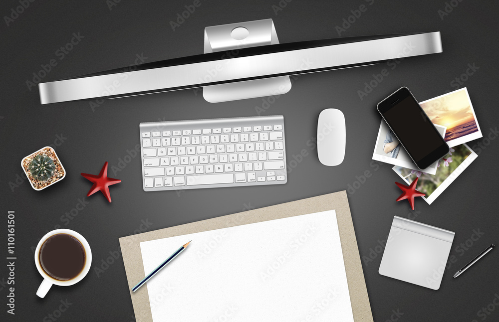 Top view of a retoucher workspace. Desktop computer on a wooden desk [3D illustration] 