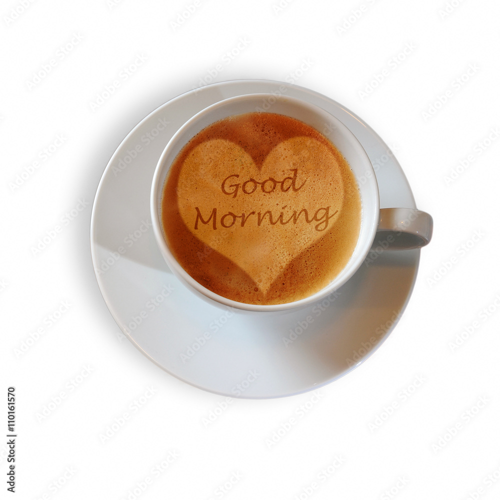 Kaffeetasse mit Herz und "Good Morning" Schrift in der Crema Stock-Foto |  Adobe Stock