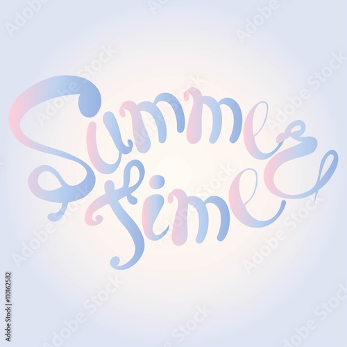 Typography banner Summer time. Blue and pink lettering on light pink and blue background, gradient, hand drawn. Design elements, illustration, vector