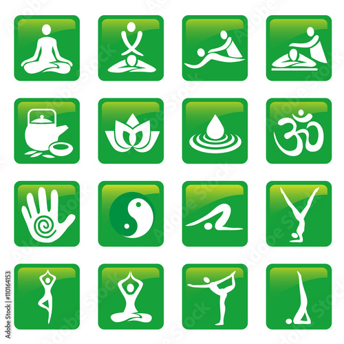 Yoga spa massage buttons.
Set of green yoga massage and spa icons. Vector available. 
