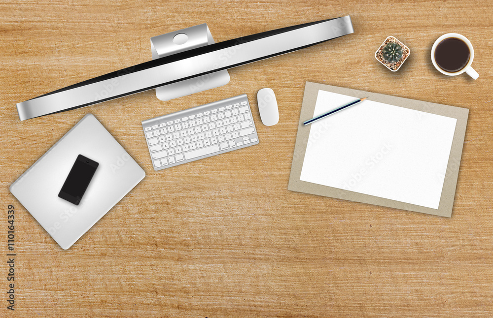 Top view of a retoucher workspace. Desktop computer on a wooden desk [3D illustration] 