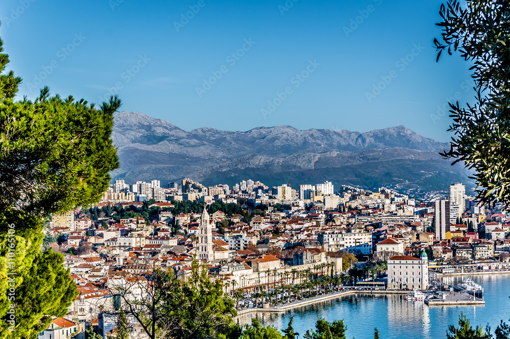 Split Croatia aerial cityscape. / View from Marjan hill at Split town during sunny warm day, Croatia Europe. Split is touristic place on Adriatic sea.