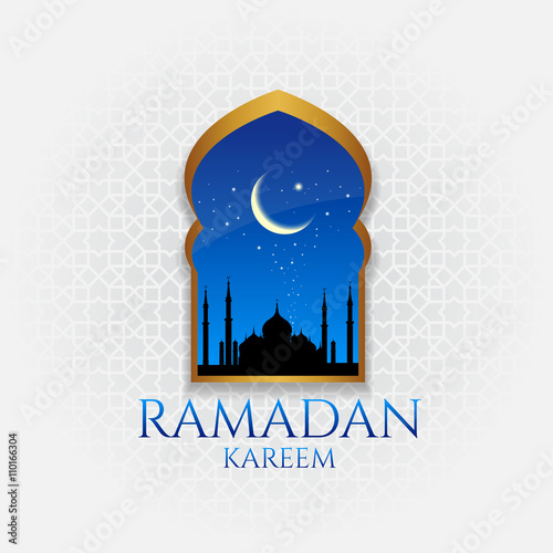 Ramadan kareem - gold door and moon and star at night vector design