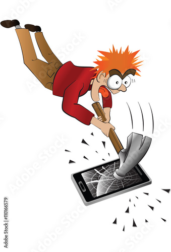 Vector illustration of an angry young man with red hair and a red jacket smashing a mobile phone with a large hammer