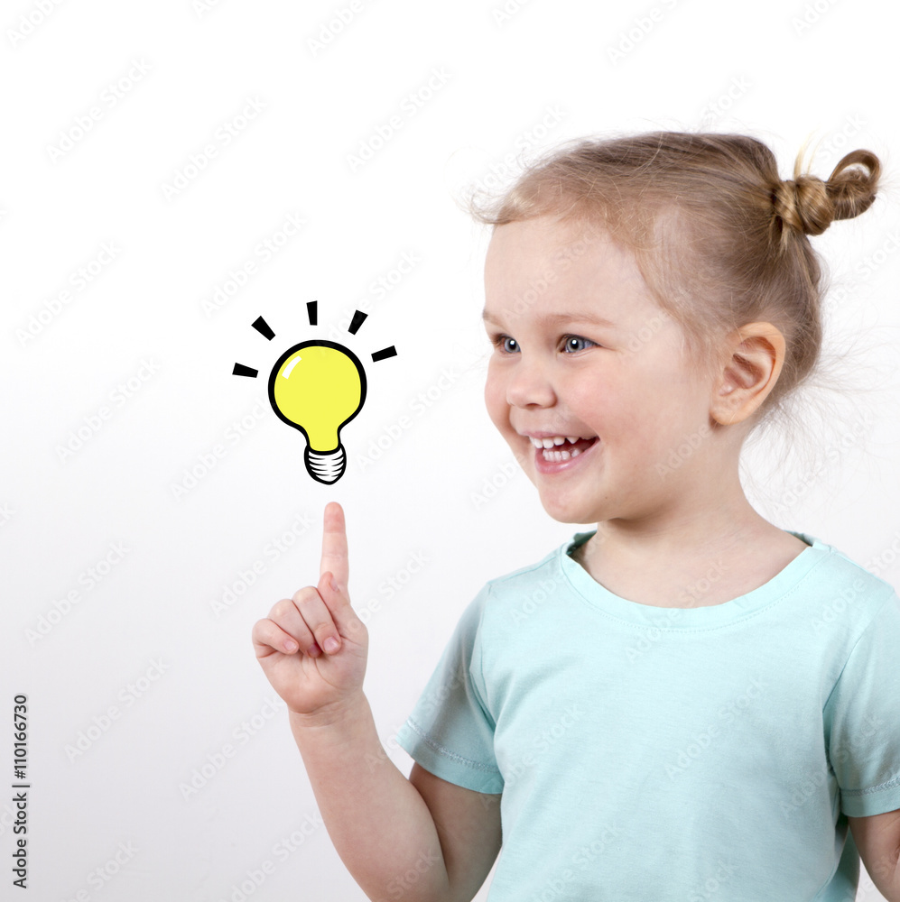 Smart child girl with light bulb isolated on white background. idea concept. school concept.