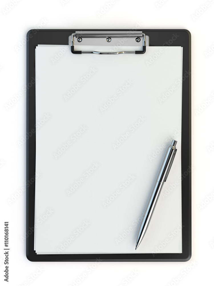 Clipboard and pen isolated on white with copy space. Clipboard and pen isolated on white with copy space.