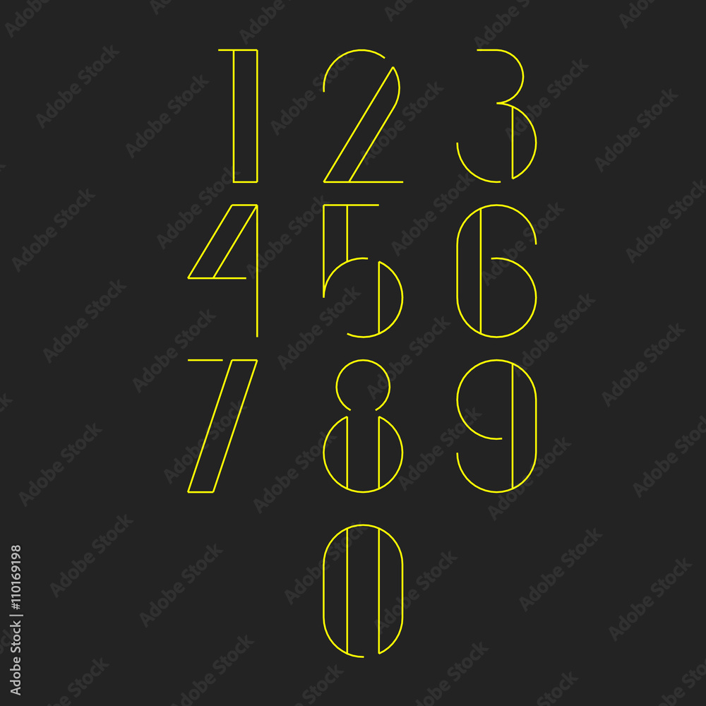 Thin minimalistic font. Yellow numbers on dark grey background. Vector illustration.
Thin minimalistic font. Yellow numbers on dark grey background. Vector illustration.