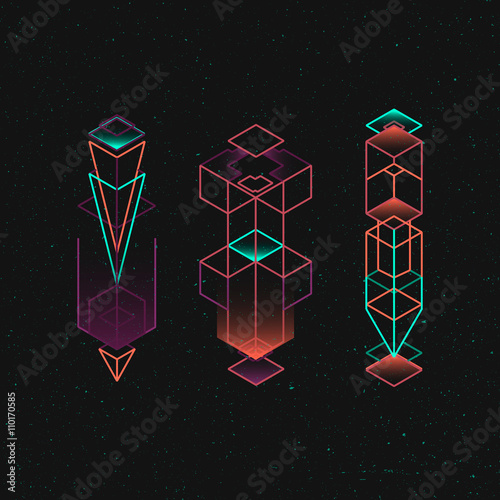 Vector set of isometric flat cubes constructor, abstract shapes and icons made of blue cubes