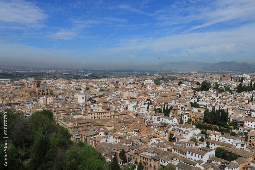 the city of Grenada seen of the tower d Acazaba ( Alhambra , spain )