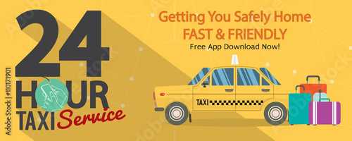 24 Hour Taxi Service 1500x600 Pixel Banner Vector Illustration.