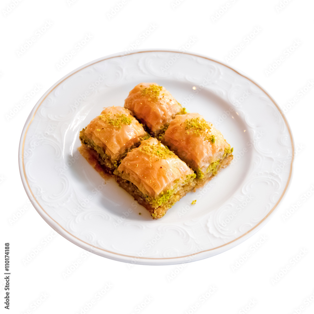 Delicious Turkish Dessert Baklava on a White Background