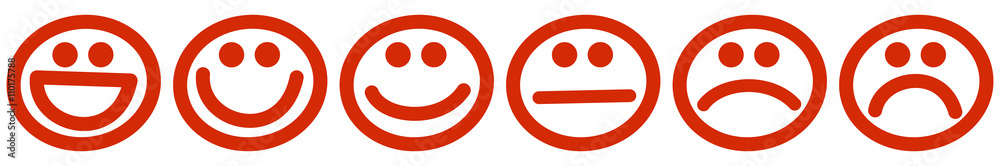 Six red stamps with smiling faces