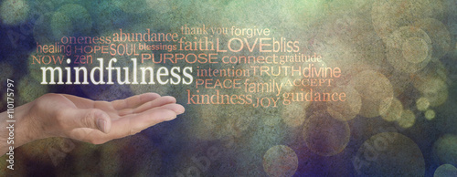 Mindfulness Word Cloud Grunge Banner  - male hand palm up with a white MINDFULNESS word floating surrounded by a relevant word cloud on a grainy grunge bokeh background