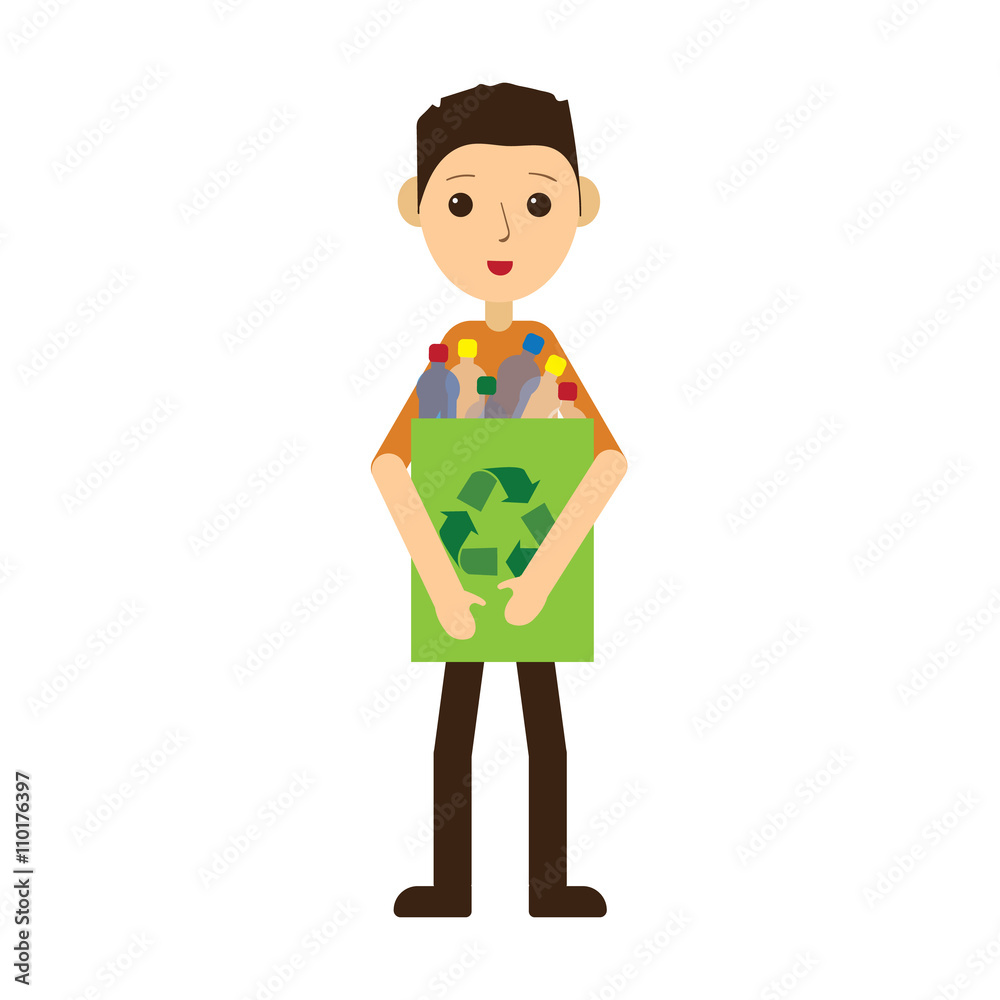 Man recycling plastic bottles. Standing and smiling. Isolated vector illustration. Man recycling plastic bottles. Standing and smiling. Isolated vector illustration.