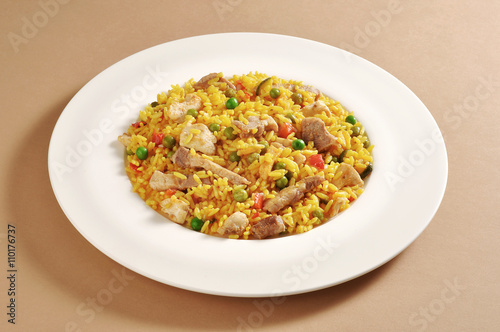 Dish of meat paella