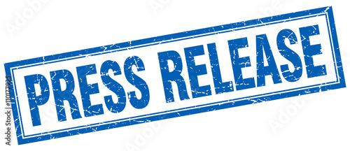press release blue grunge square stamp on white