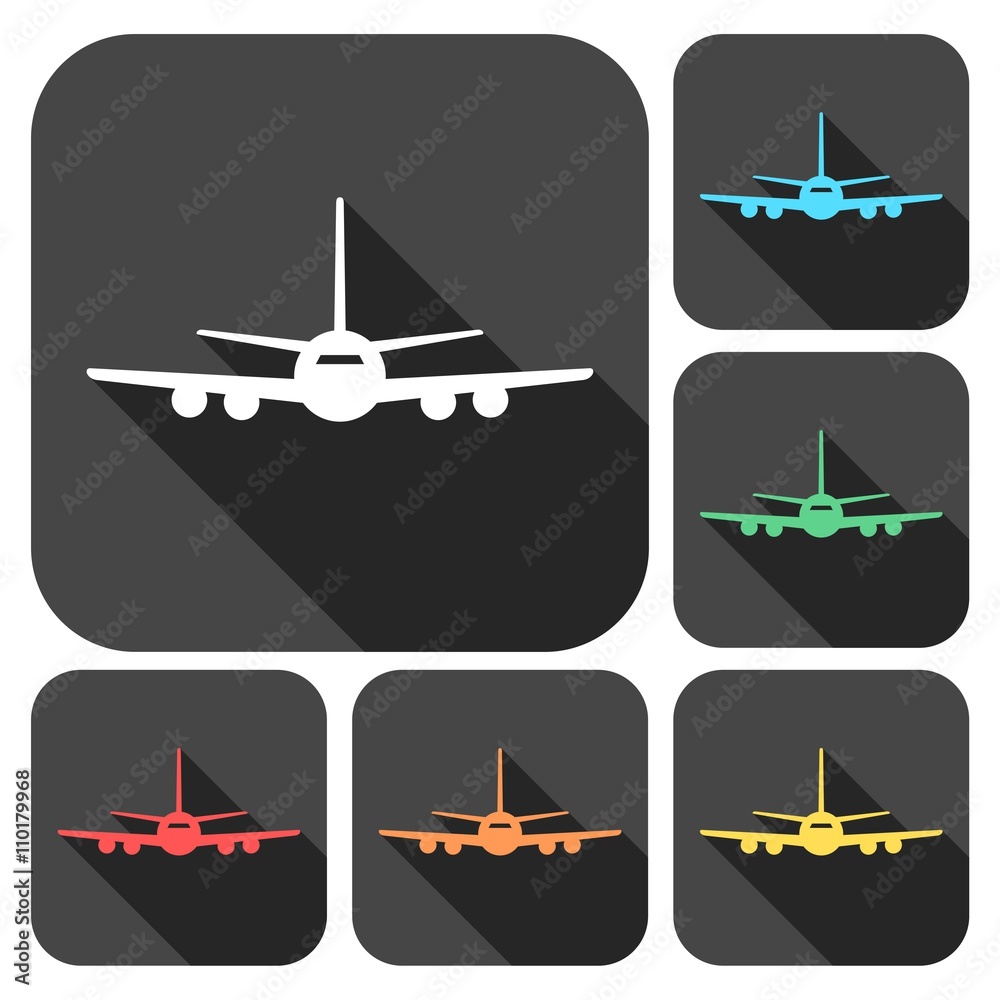 Flight of the plane icons set with long shadow