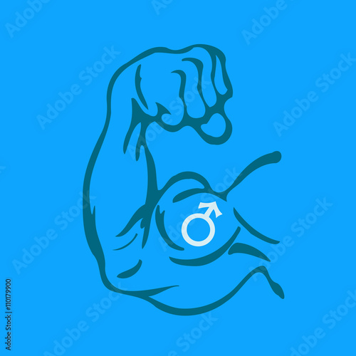 Vector cartoon illustration of Biceps with symbol of male gender on blue background. Metaphor of masculism / masculinism of strong men. Defiance to effeminacy  photo