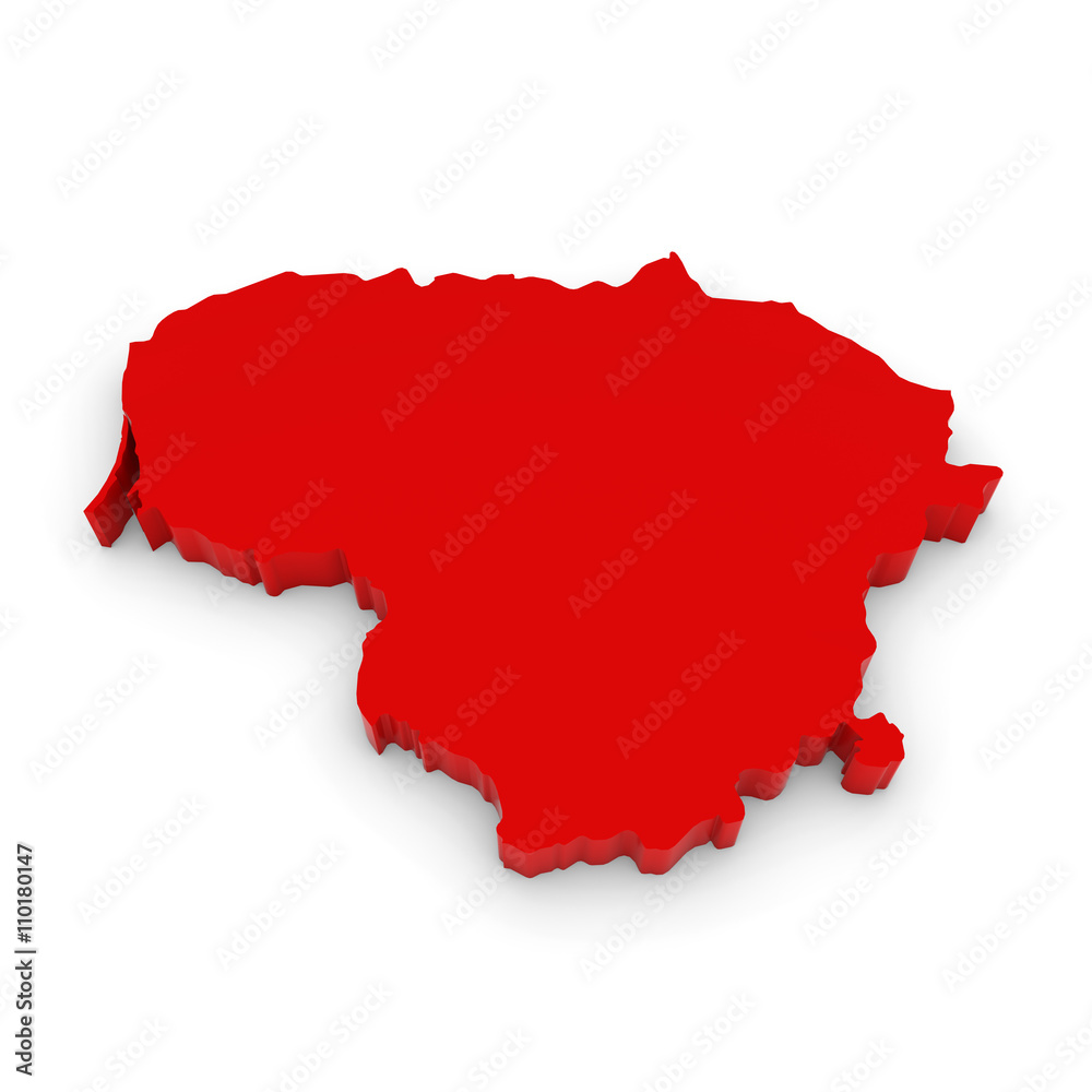 Fototapeta Red 3D Illustration Map Outline of Lithuania Isolated on White