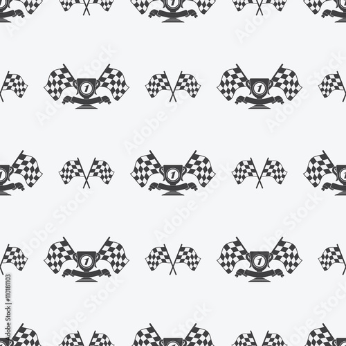 Checkered Flag or racing flags icon seamless pattern first place prize cup and finish ribbon. Sport auto, speed and success, competition and winner, race rally, vector illustration