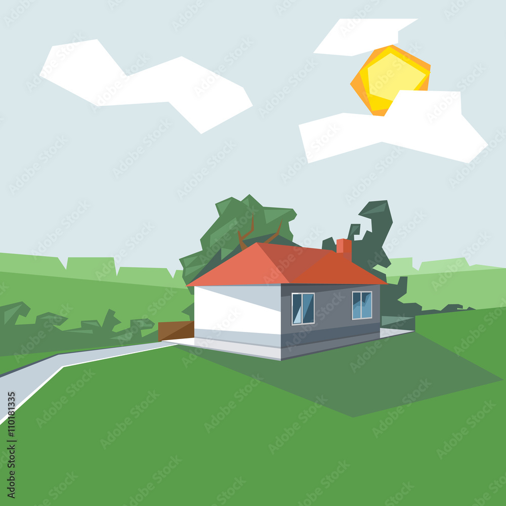 A house in 1 floor, view from perspective, with windows and the sun in the clouds, near green garden, digital vector image