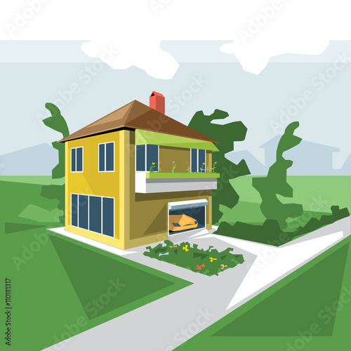 A house in 2 floors, view from perspective, with flowers at the balcony and a yellow car in the garage and green garden, digital vector image