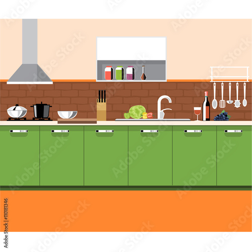 A kitchen plane with green furniture and brown bricks wall, with bottles, set of knives, wine, glasses, washstand and other accessories, digital vector image