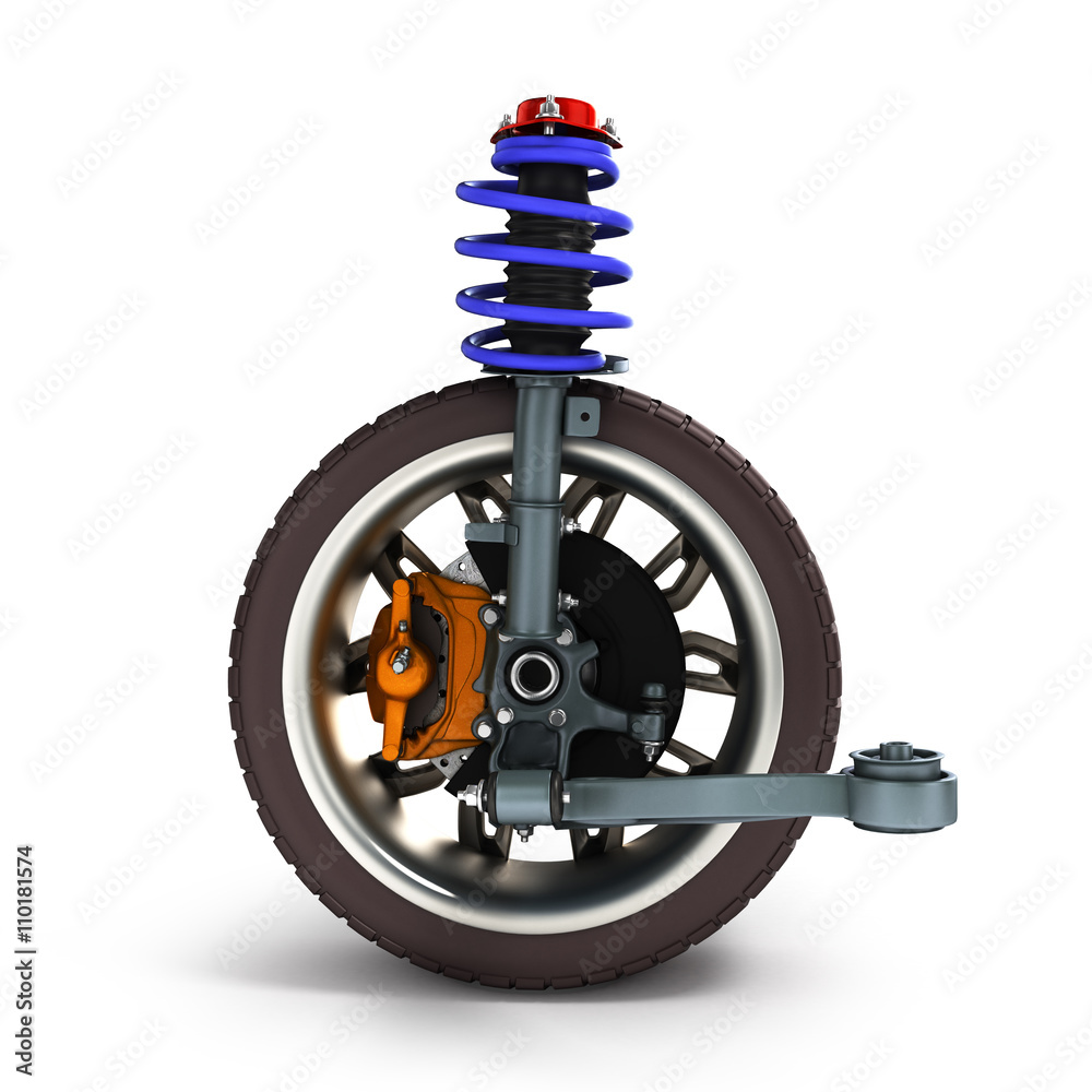 car suspension separately from the car isolated on white 3d illu - obrazy, fototapety, plakaty 