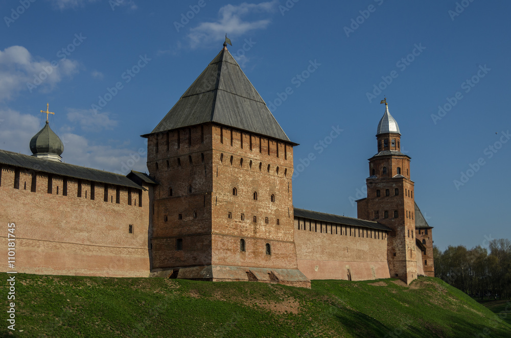 Walls of Novgorod Kremlin with Kokui Tower and Pokrovskaya Tower. Velikiy Novgorod, Russiar