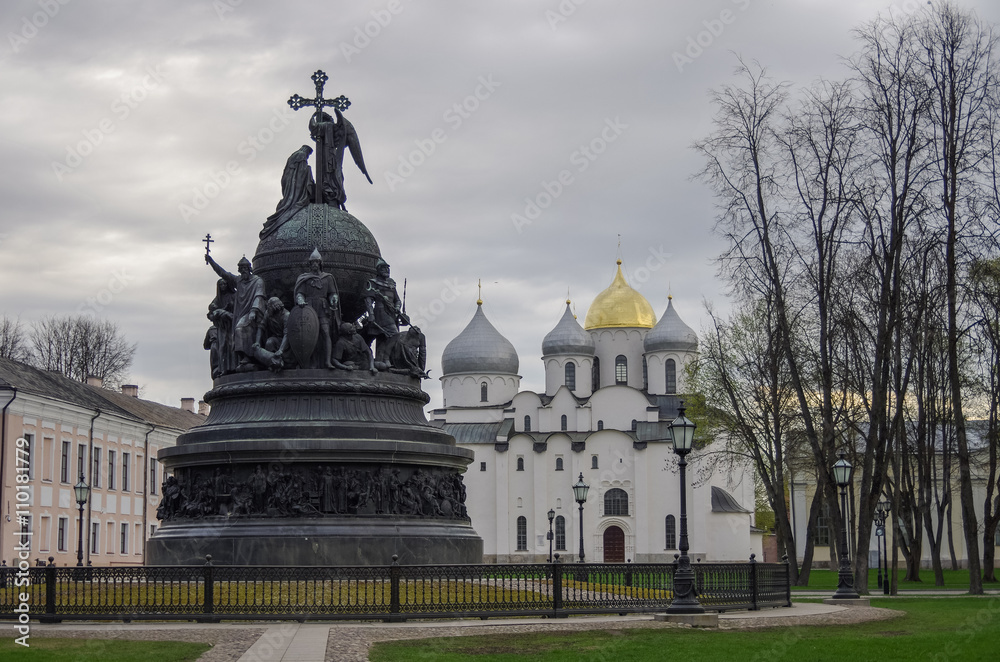 The monument Millennium of Russia with  St. Sophia cathedral at background. Veliky Novgorod, Russia. No people.