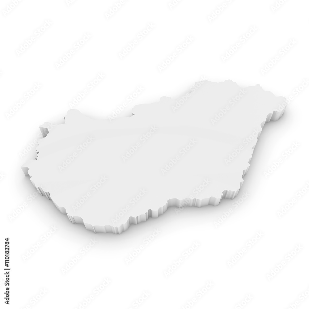 White 3D Illustration Map Outline of Hungary Isolated on White