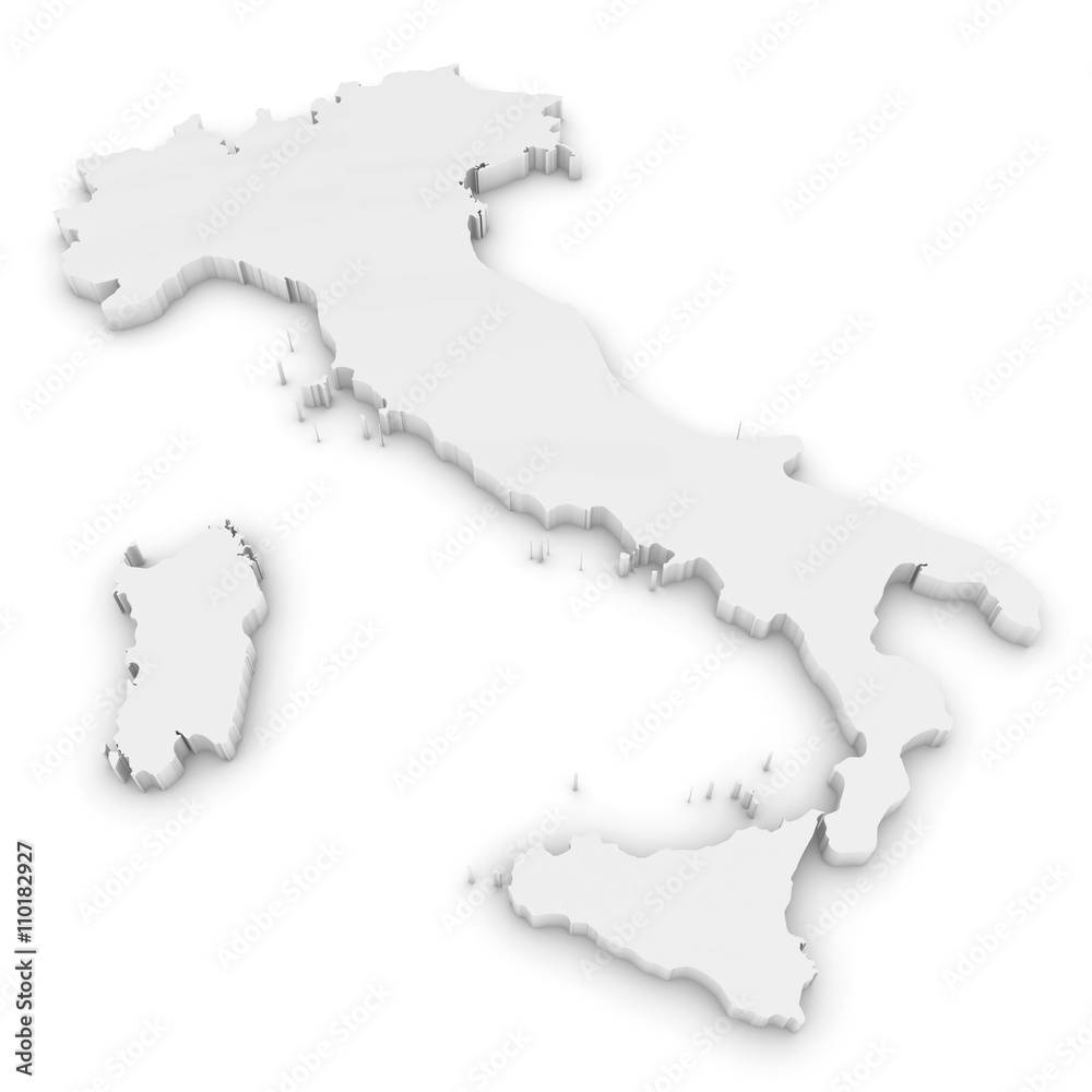 White 3D Illustration Map Outline of Italy Isolated on White