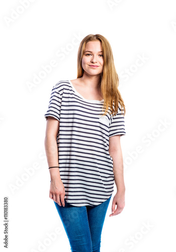 Girl in jeans and striped t-shirt, woman, studio shot