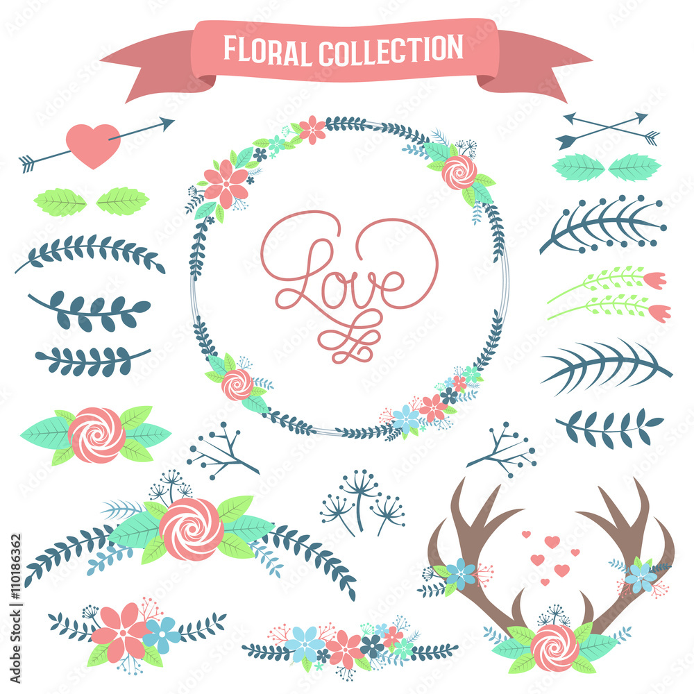 Floral Collection. Set of cute retro flowers and branches.