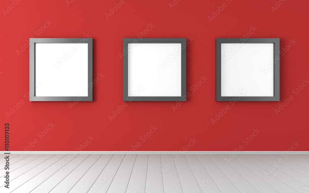 3D render of three black frames on the white red wall 3D render of three black frames on the white red wall