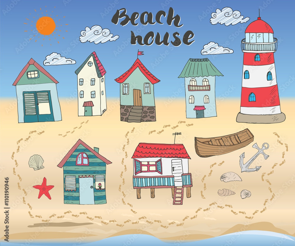 Beach huts and bungalows, hand drawn outline color doodle set with light house wooden boat and anchor, seashells and footsteps on sandy beach, vector illustation