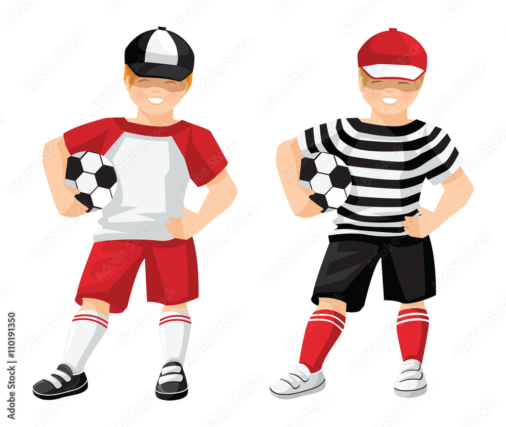 Vector illustration of kid in sport wear with ball isolated on white background. Little boy  with soccer ball in black sport shorts, top, red cap, red socks and sneakers.